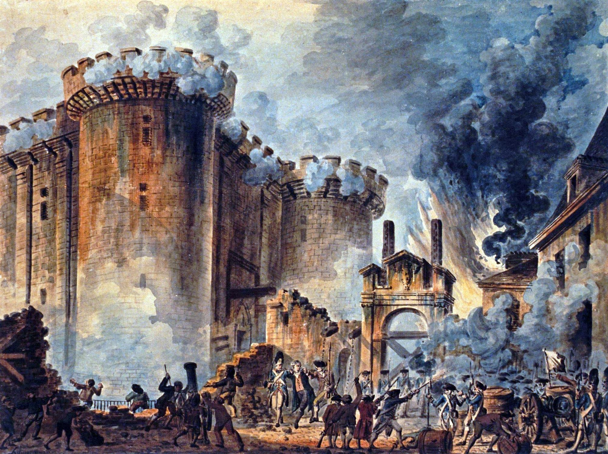 La toma de la Bastilla, Jean-Pierre Houël, 1789. La fortaleza se halla sitiada por los cañones de la guardia francesa, que apuntan directamente a sus puertas soltando un denso humo que emborrona la escena.
