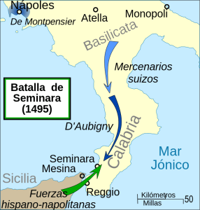 Mapa del sur peninsular italiano donde se muestran los movimientos de tropas francesas y castellano-aragonesas 
