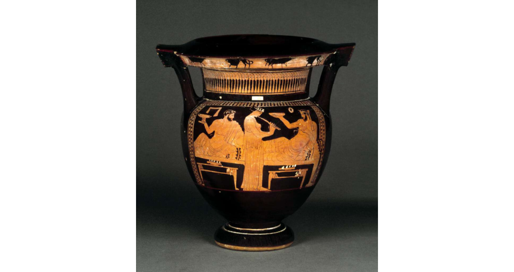 Representación de una hetaira tocando el aulós. Figuras rojas, época clásica. British Museum.