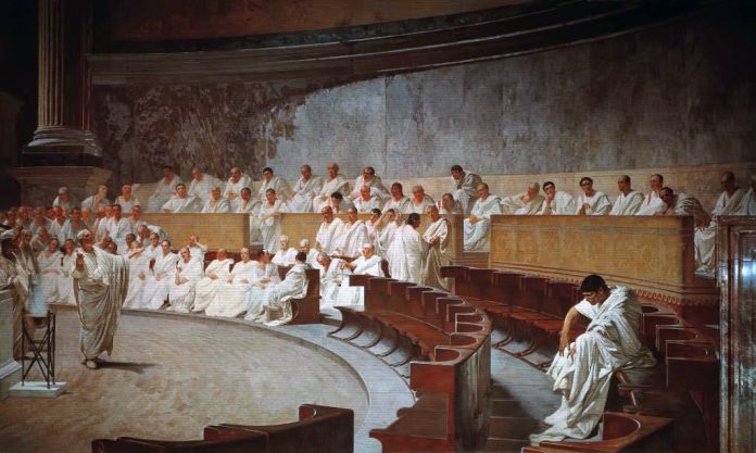 Cuadro de Maccari, 1880. Cicerón denunciando a Catilina ante el senado.