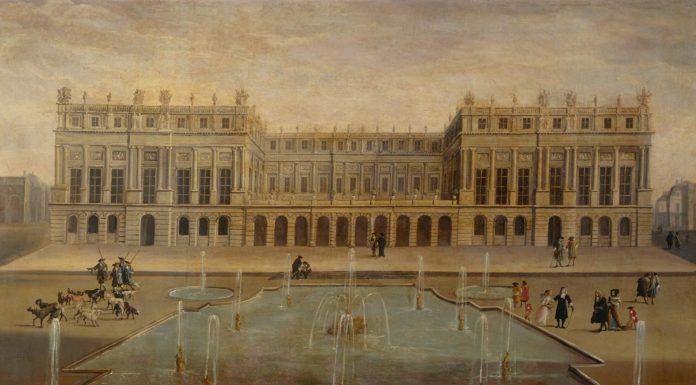 Ilustración que muestra el Palacio de Versalles en 1675 (Escuela francesa)